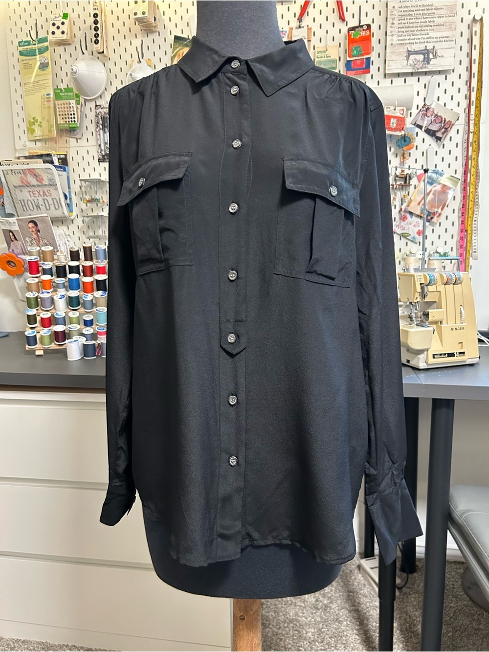 J. Crew Black Silk Long-Sleeve Button-Down Shirt -Size Small